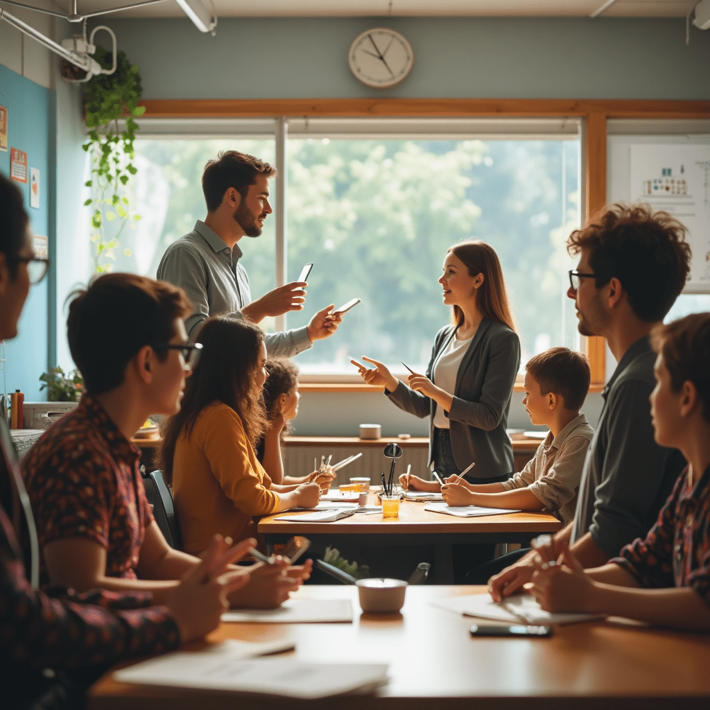 Teacher guiding students in a classroom during an educational planning session