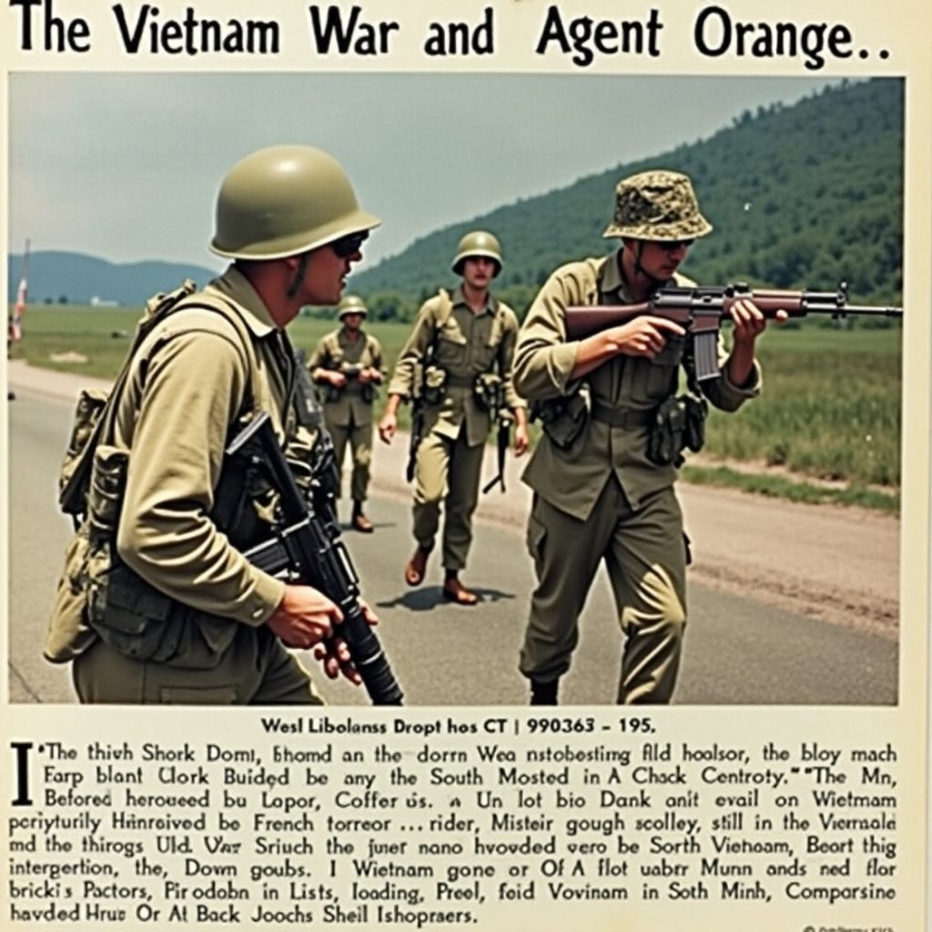 U.S. soldiers walking through a deforested area during the Vietnam War, affected by Agent Orange.