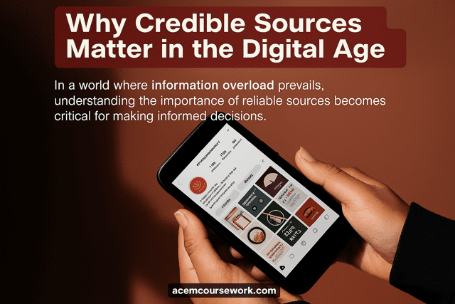 A close-up of hands holding a smartphone with an educational Instagram profile on screen, set against a warm gradient background with the text ‘Why Credible Sources Matter in the Digital Age’.