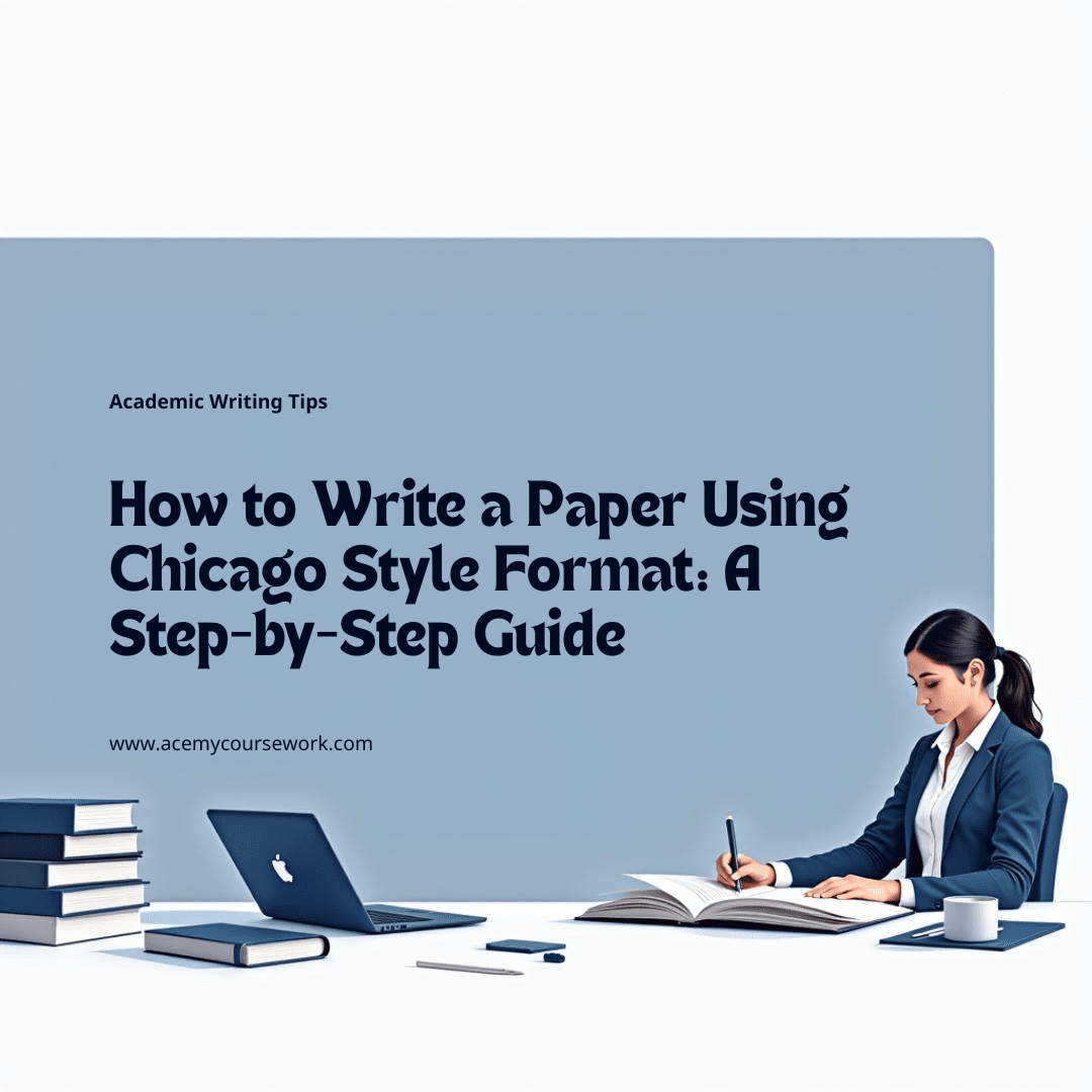 Student writing a paper with books and notes in the background, illustrating how to write a paper using Chicago style format.