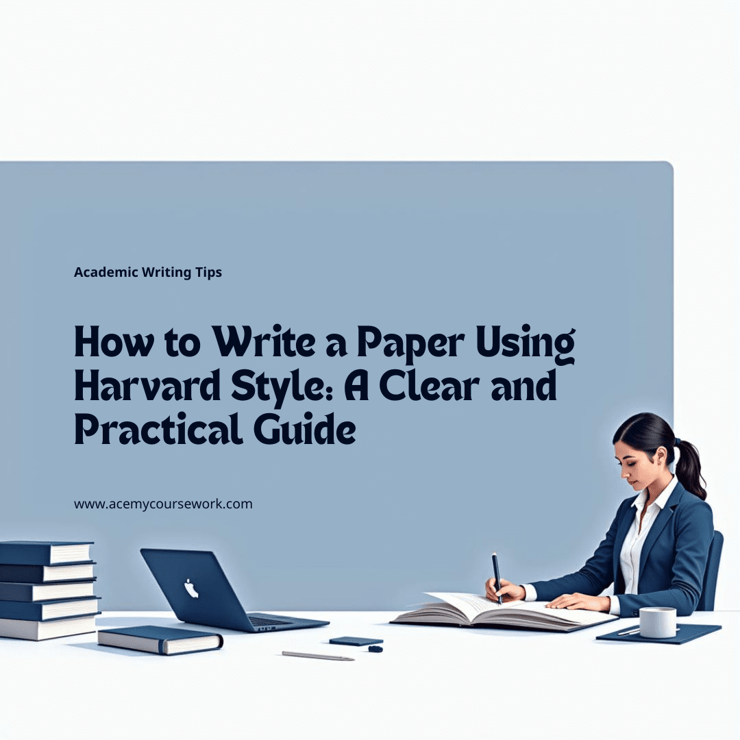 Student writing an academic paper with books and notes in the background, illustrating Harvard style referencing.