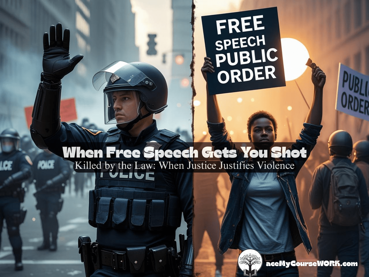 Police officer enforcing control against civilian holding the U.S. Constitution, representing the clash between use of force and civil rights.