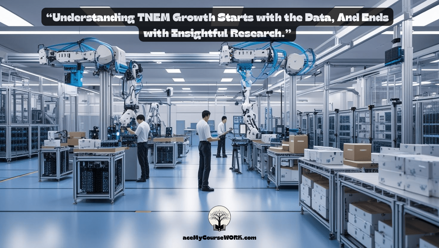 Engineers working in a high-tech telecommunications equipment manufacturing facility, surrounded by robotics and components, with an overlay quote emphasizing data-driven TNEM growth and research.