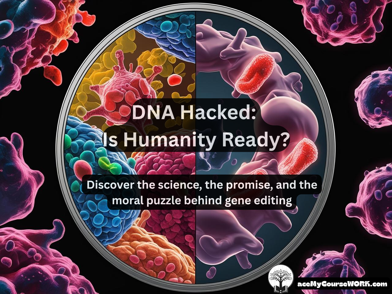 Colorful split view of human cells and DNA under a microscope with the text “DNA Hacked: Is Humanity Ready?” representing the ethical debate around CRISPR gene editing.
