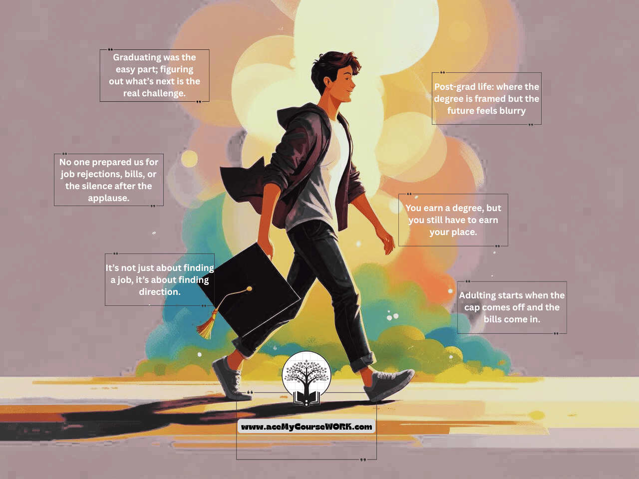 A graduate walking confidently into a colorful future, surrounded by quotes about the challenges of post-college life.