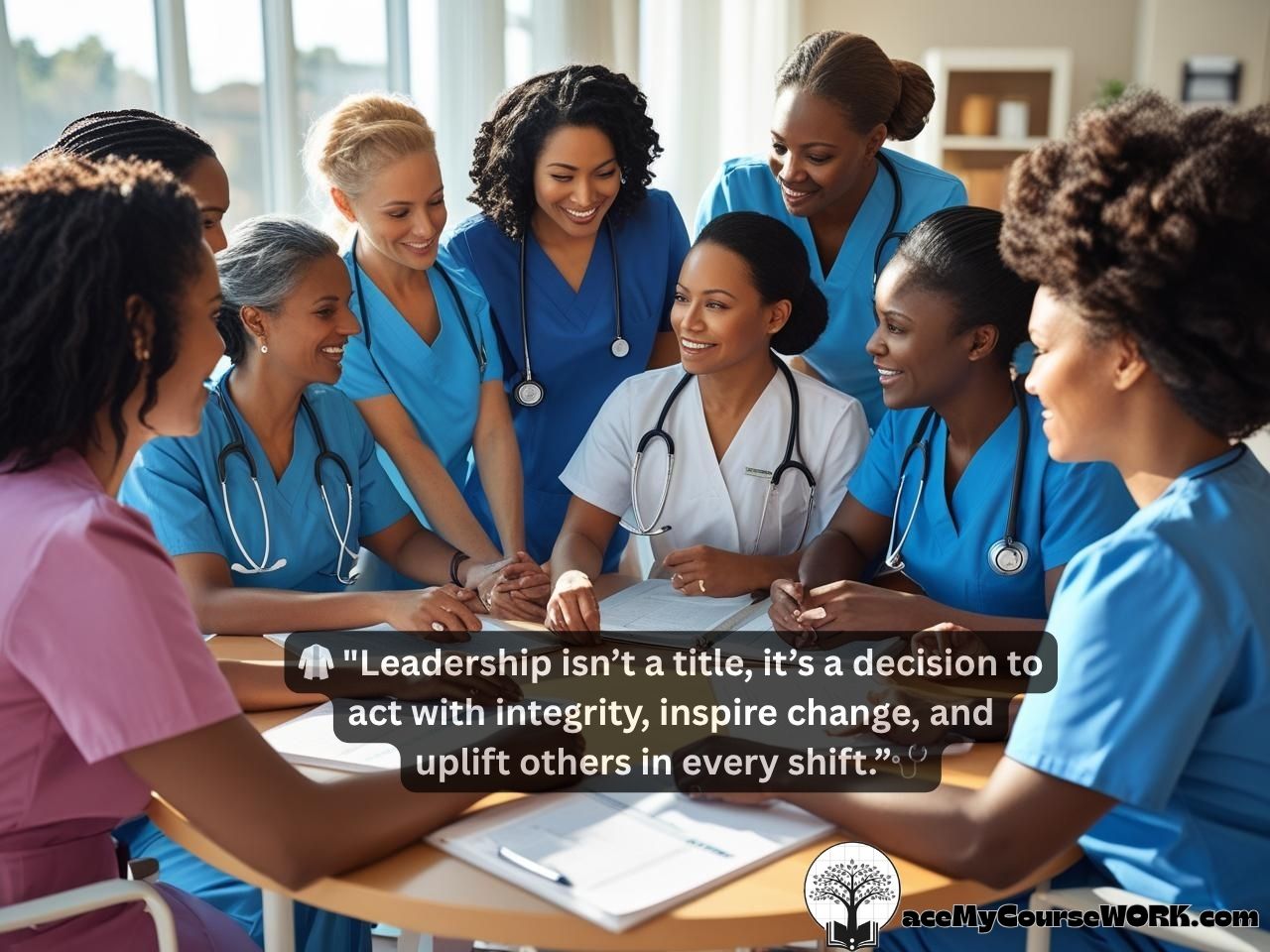 A diverse group of confident nurses in scrubs and lab coats gathered around a table, smiling and engaged in leadership discussion, with a motivational nursing quote overlayed.
